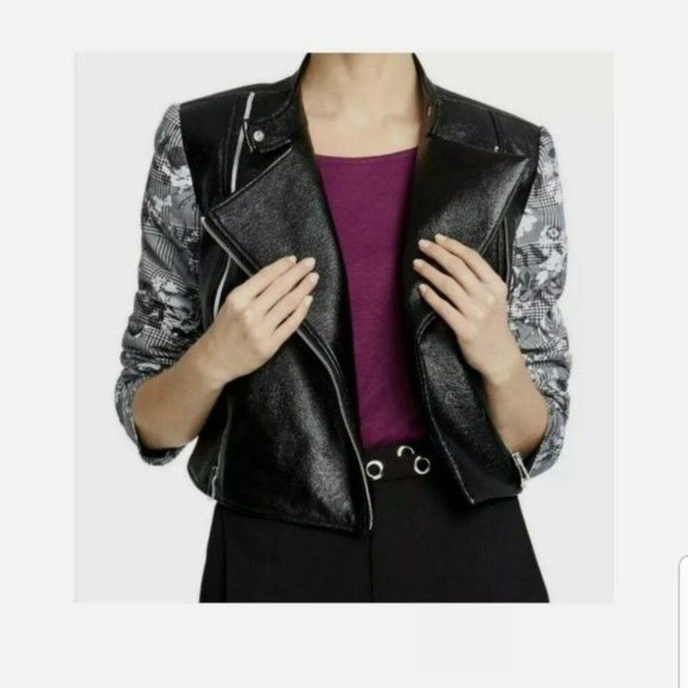 RACHEL Rachel Roy Charlie Moto Jacket Size Medium Black Faux Leather Floral